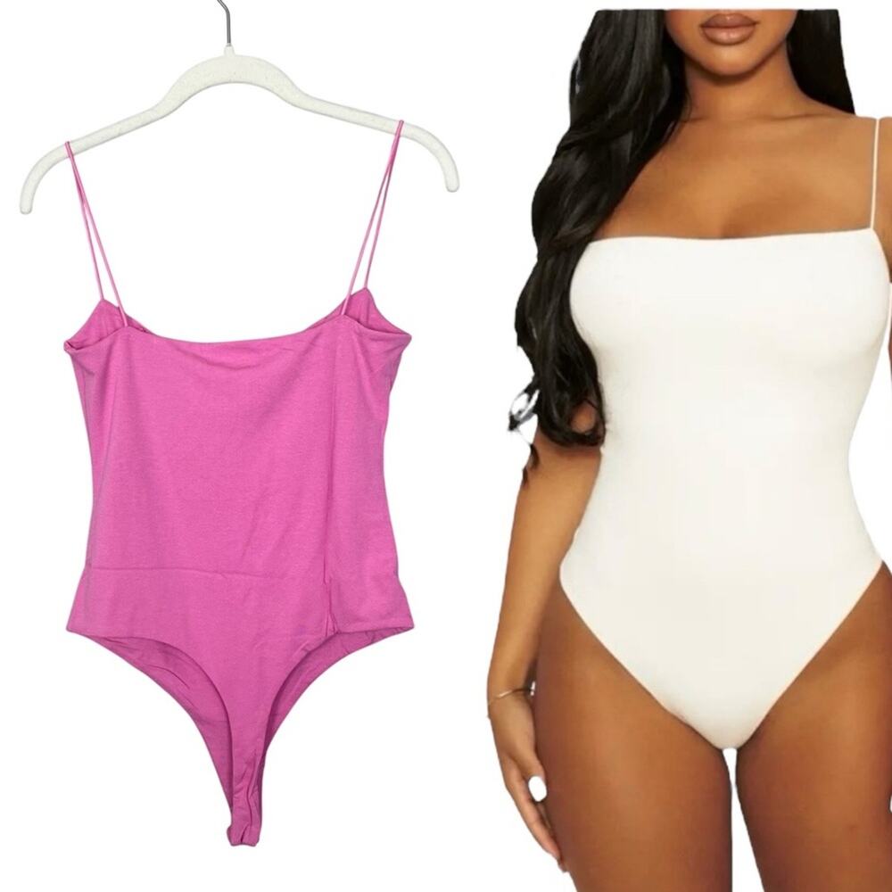 NWT Naked Wardrobe Fine Lines Square Neck Bodysuit Light Pink sz L Snatched
